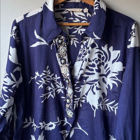 SOFT SURROUNDINGS Margaux Beaded Tunic Blouse Leaf Print Dress Bohemian size 1X - Picture 3 of 9